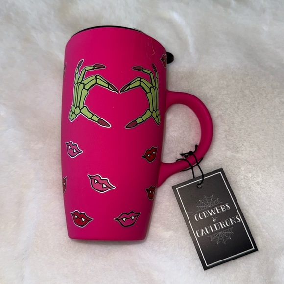 Cobwebs & Cauldrons Soft Touch Mug Hot Pink zombie hands vampire lips Halloween - Picture 1 of 7